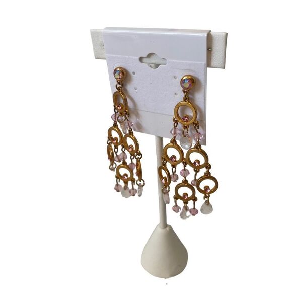 Gorgeous yellow gold chandelier earrings w/ pink & clear iridescent gemstones - Picture 3 of 5